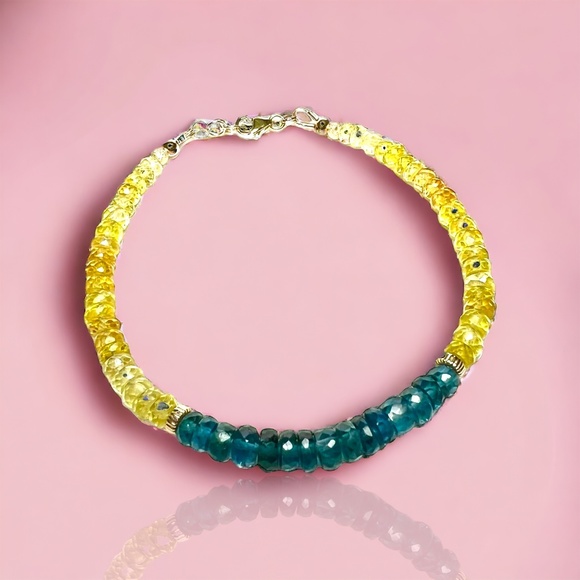 Solid 14K Gold 585 Natural London Blue Topaz and Yellow Sapphire Bracelet - Picture 8 of 9
